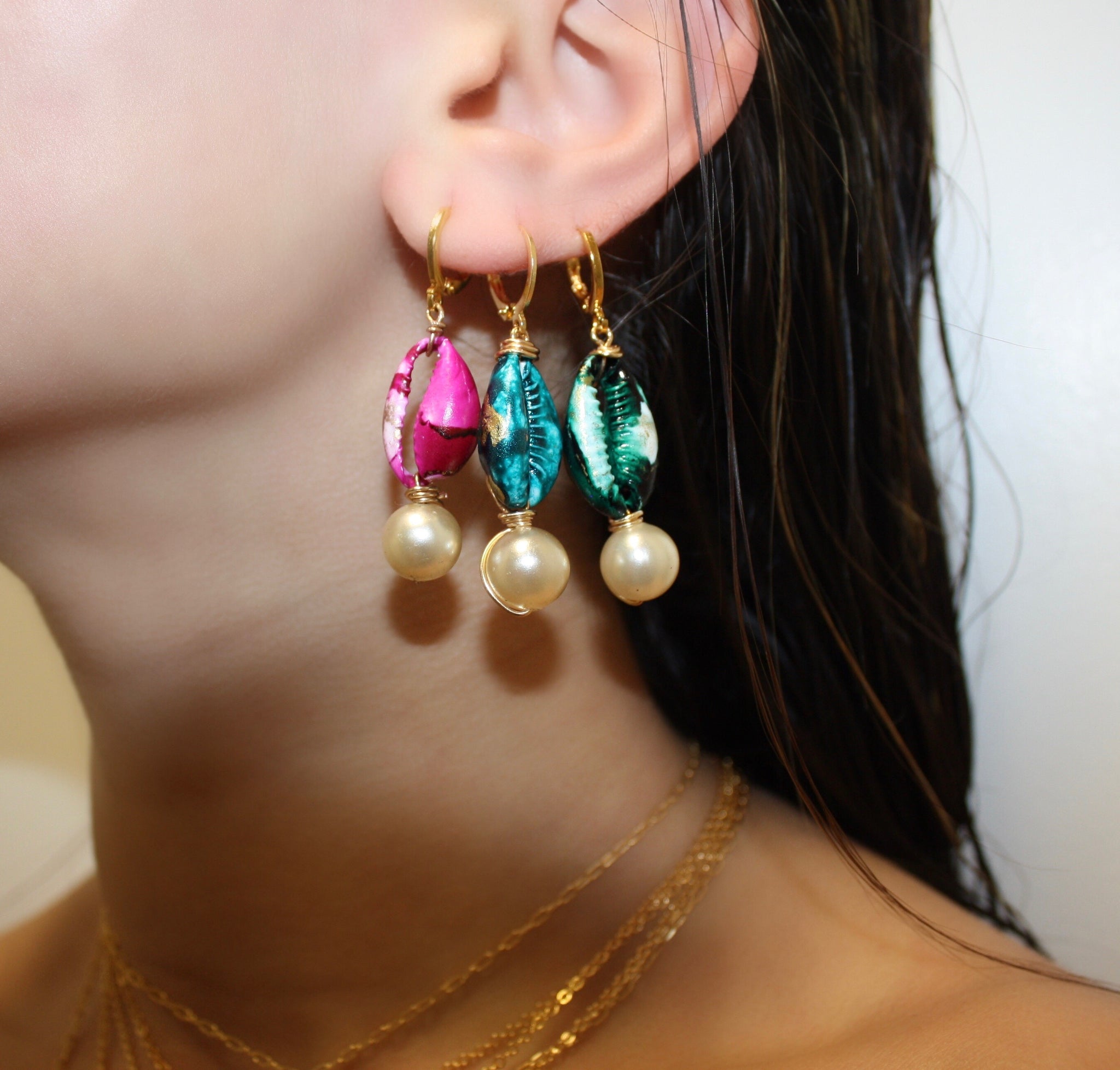 Tiedye shell gold pearl earrings Choked by a Thread